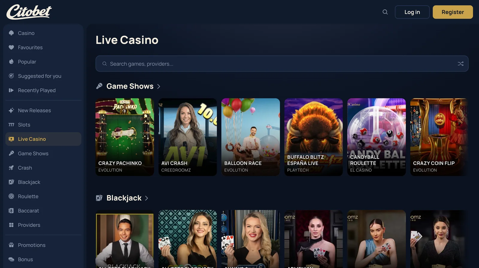 A página do Cassino ao vivo
